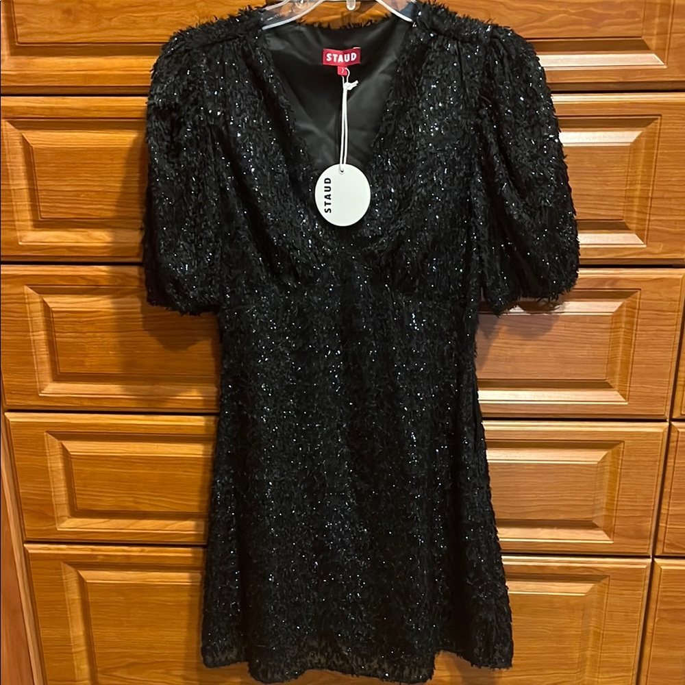 STAUD black sparkle puff sleeve mini dress- festive holiday dress!